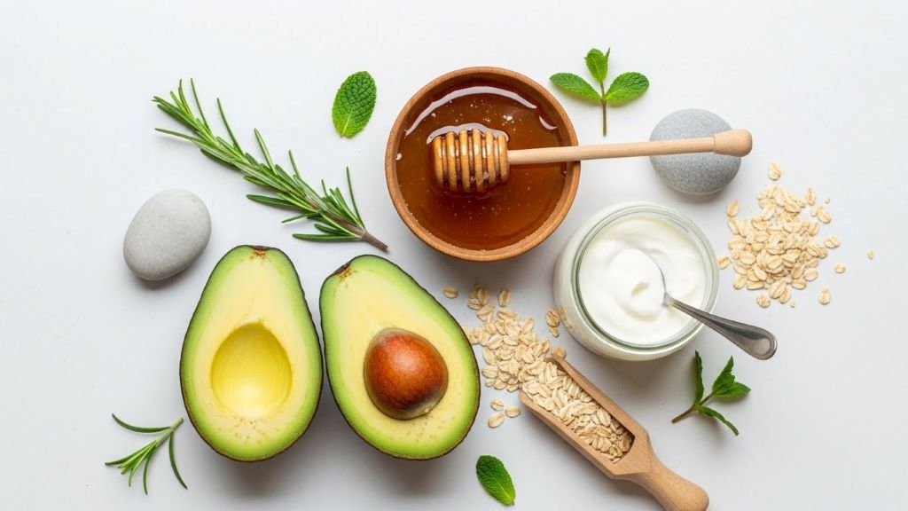 Fresh ingredients for natural skincare including avocado honey yogurt and oatmeal arranged on white counter