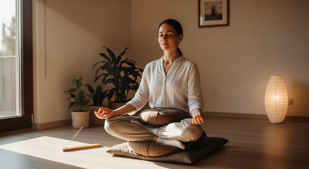 Calm individual in quiet meditation space demonstrating self compassion breathing technique