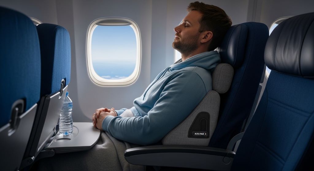 A compact travel wedge pillow placed under the lower back of a traveler reclining in an airplane seat, providing orthopedic support and lumbar comfort during a long-haul journey