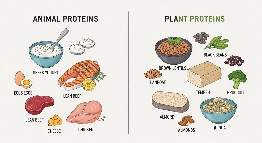A comparison graphic between animal-based and plant-based protein sources for daily nutrition