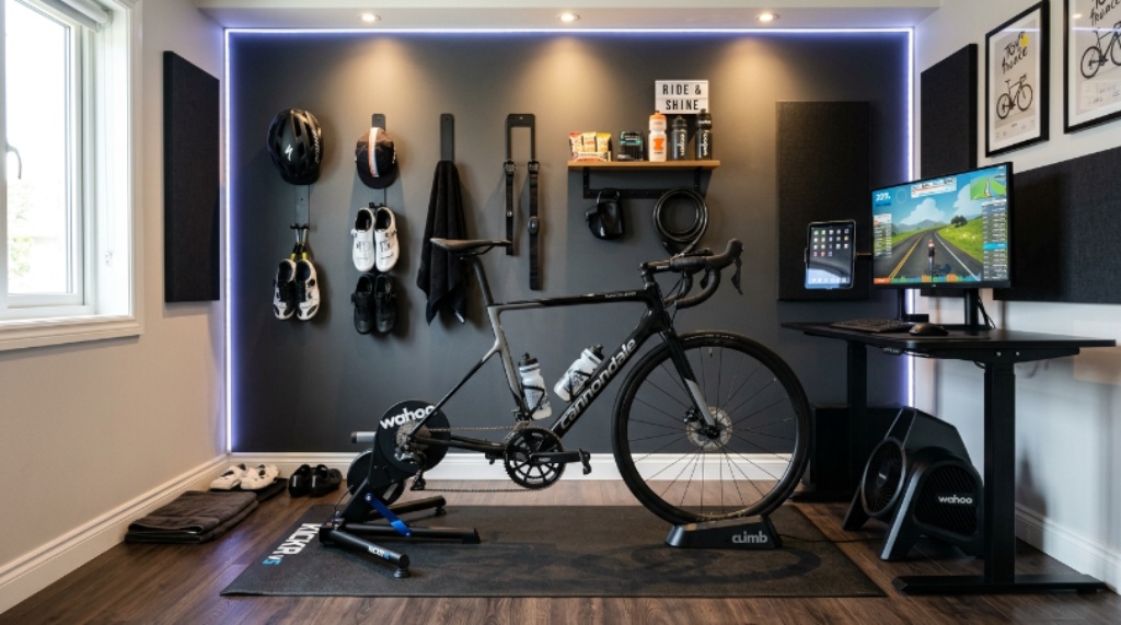 Organised indoor cycling trainer room with a bike mounted on a smart trainer, LED lighting, and accessories neatly stored on wall hooks