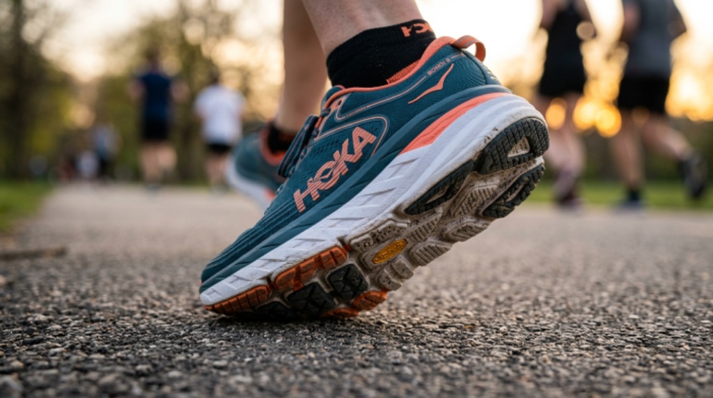 Close-up of women's long-distance running shoes showing thick midsole cushioning and rubber outsole