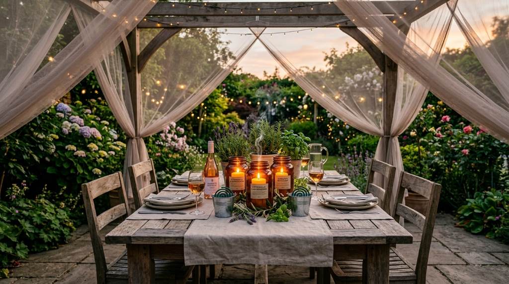 Outdoor dining table setup with citronella candles and mosquito prevention layout