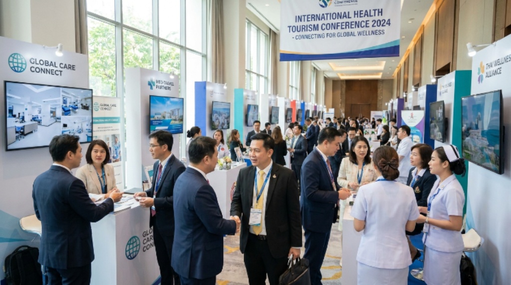 International health tourism professionals networking at a conference exhibition floor