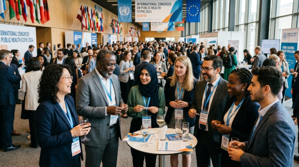 Diverse group of public health professionals networking at an international congress event