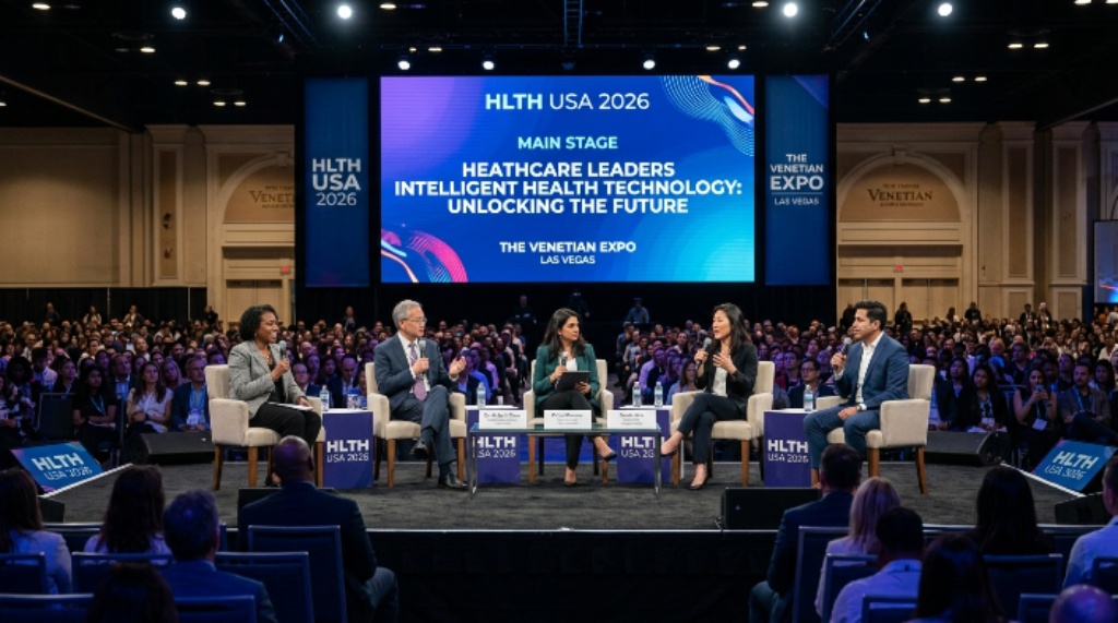 A panel of healthcare leaders and AI innovators on the main stage discussing intelligent health technology at HLTH USA 2026 at The Venetian Expo Las Vegas