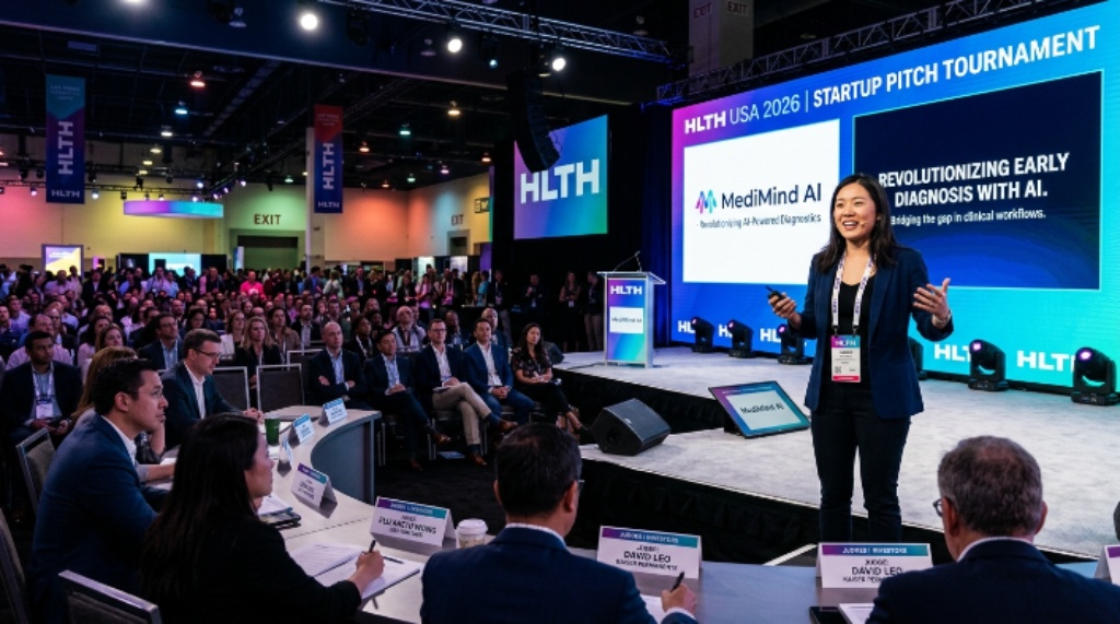 An early-stage health AI startup founder presenting at the Startup Pitch Tournament stage during HLTH USA 2026 in front of investors and healthcare executives in Las Vegas