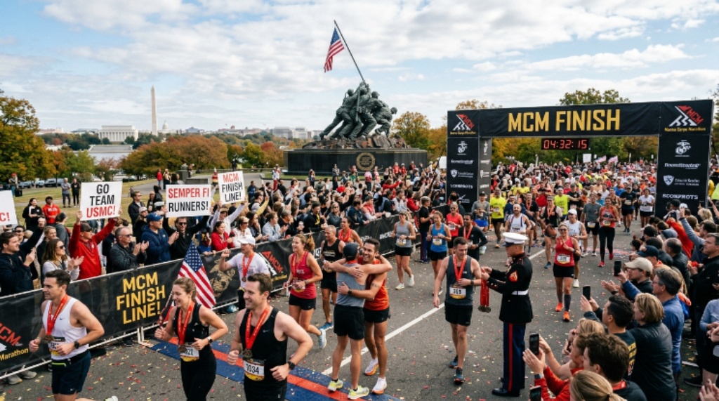 Crowds of runners and spectators at the MCM finish line celebration at the Marine Corps War Memorial in Arlington Virginia