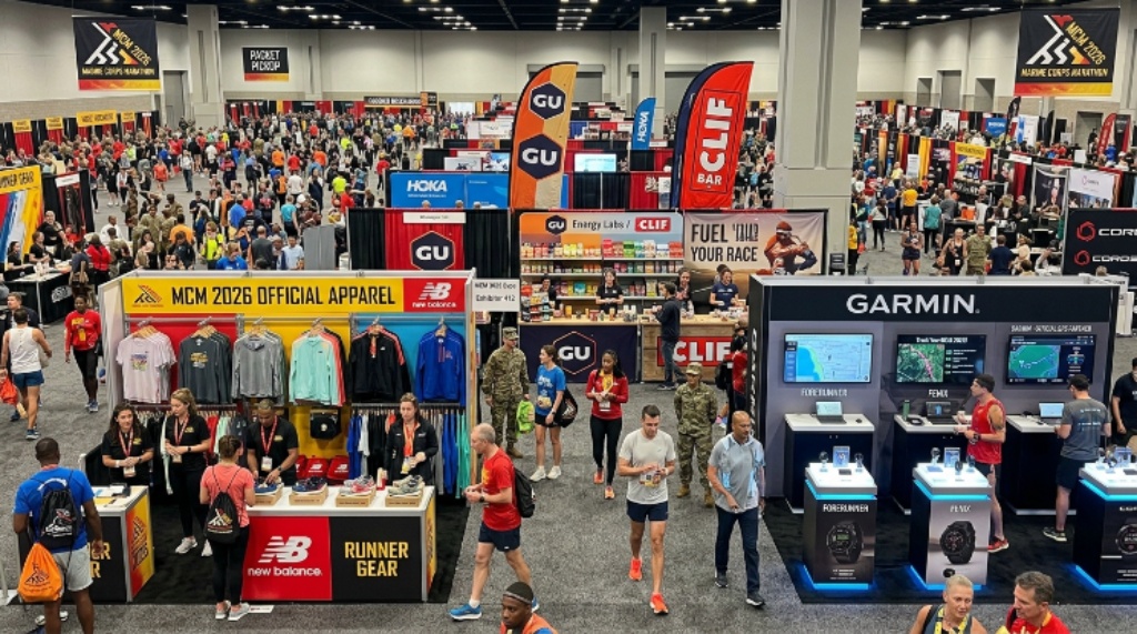 Marine Corps Marathon 2026 Expo exhibitor booths featuring running gear, nutrition products, and fitness technology displays