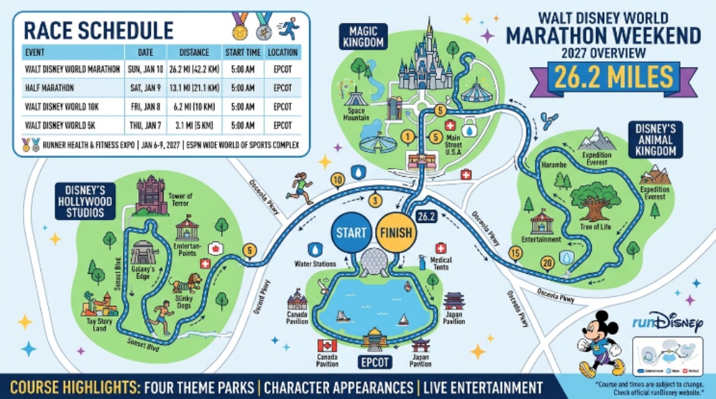 The Walt Disney World Marathon 2027 race schedule and course map overview