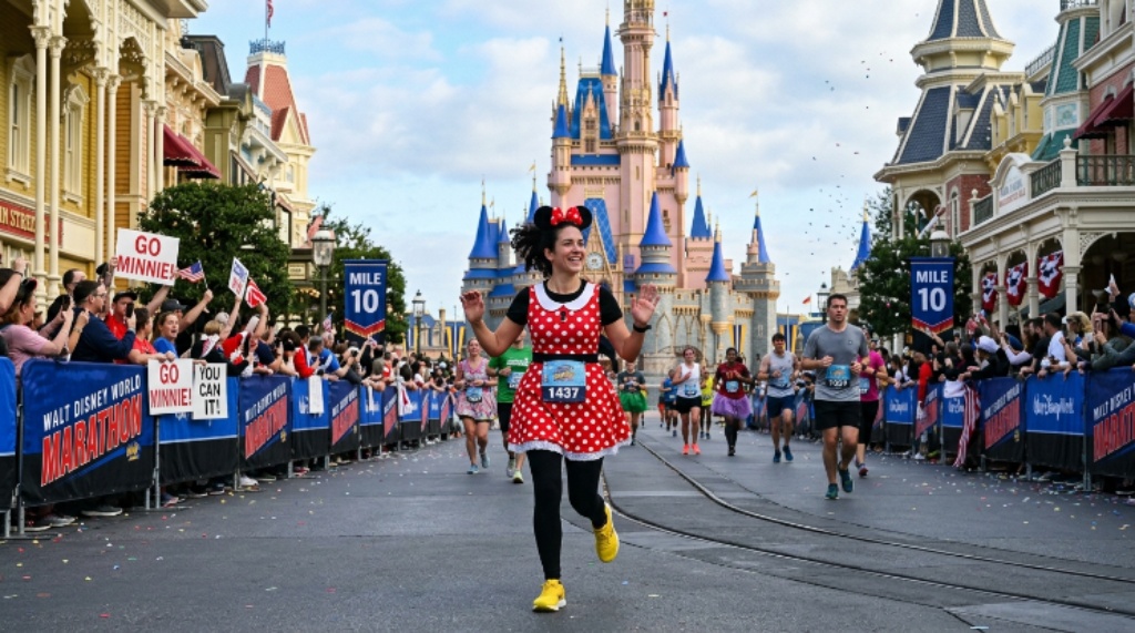 A runner in a Disney costume passing through Magic Kingdom during the Walt Disney World Marathon
