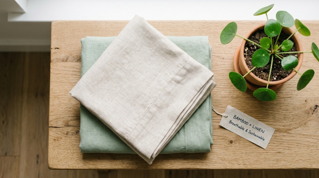 Folded breathable bamboo and linen sheets on wooden surface.