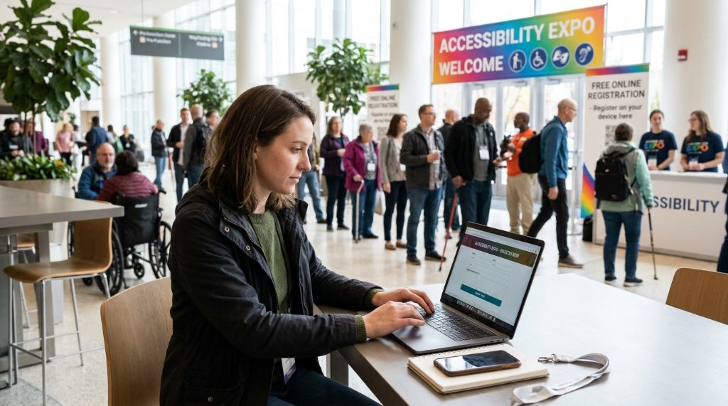 Attendee completing the free online registration form on a laptop before an accessibility expo