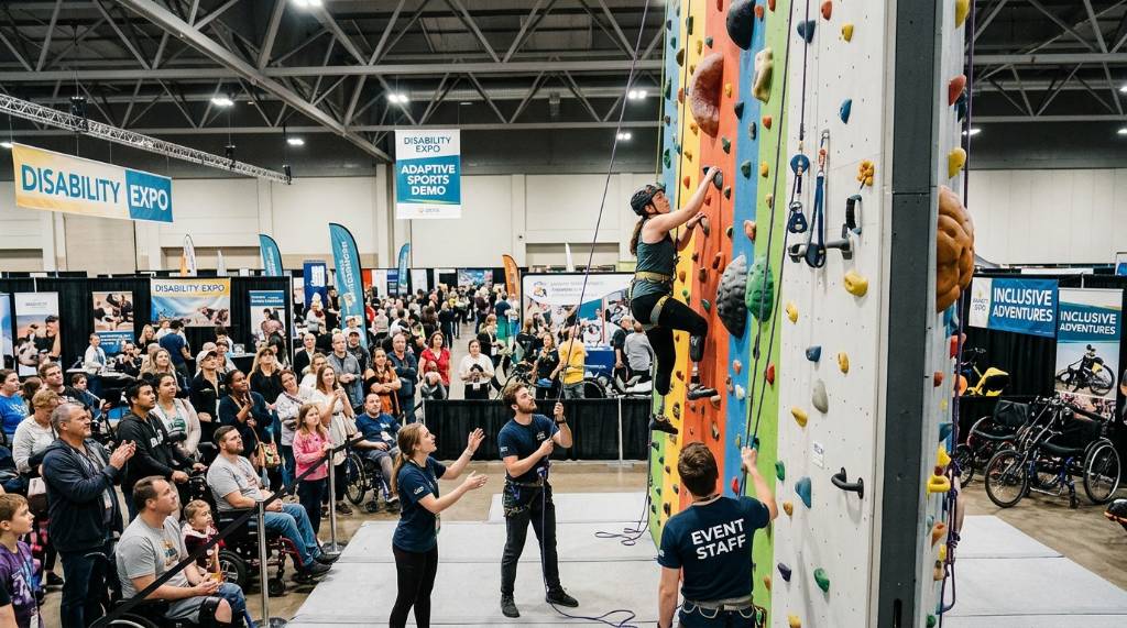 Adaptive sports demonstration with an accessible climbing wall at a disability expo