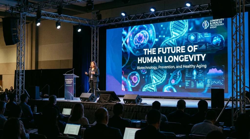 Speaker presenting on a conference stage during a longevity and health technology event