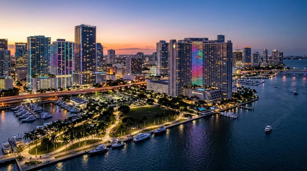 Downtown Miami skyline and Biscayne Bay near the InterContinental Miami venue