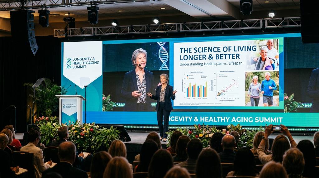 Speaker presenting on a main stage at a healthy aging and longevity event