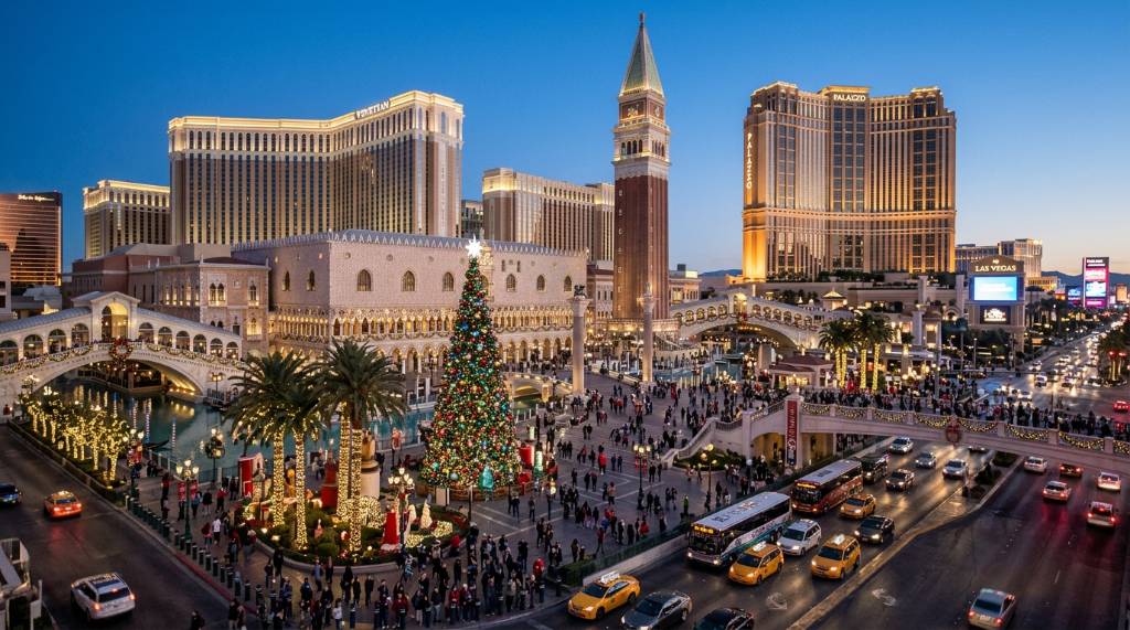Venetian and Palazzo resort towers on the Las Vegas Strip in December