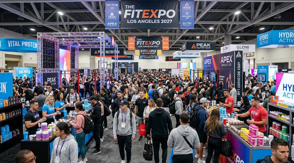 Crowded exhibitor floor at the FitExpo Los Angeles 2027 with supplement and wellness brands on display