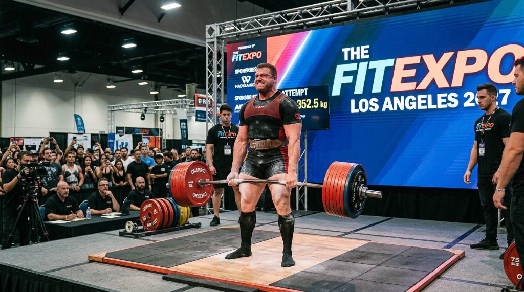 Powerlifter performing a deadlift at the FitExpo Los Angeles 2027 competition stage